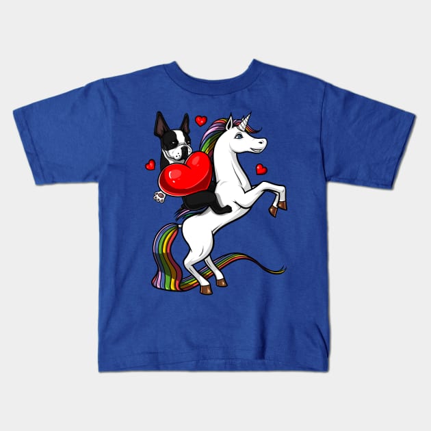 Boston Terrier Dog Riding Unicorn Kids T-Shirt by underheaven